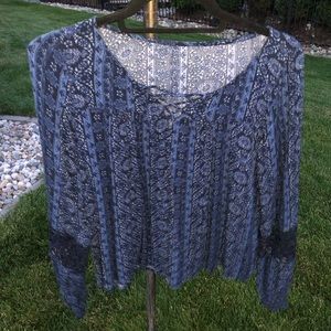 Blue floral blouse with tie up front and lace